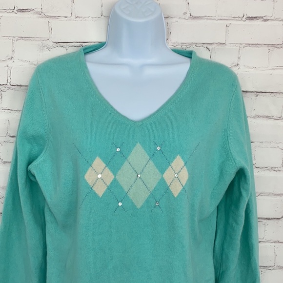 Grayson & Dunn 100% cashmere argyle v-neck sweater SZ Large - Picture 3 of 8